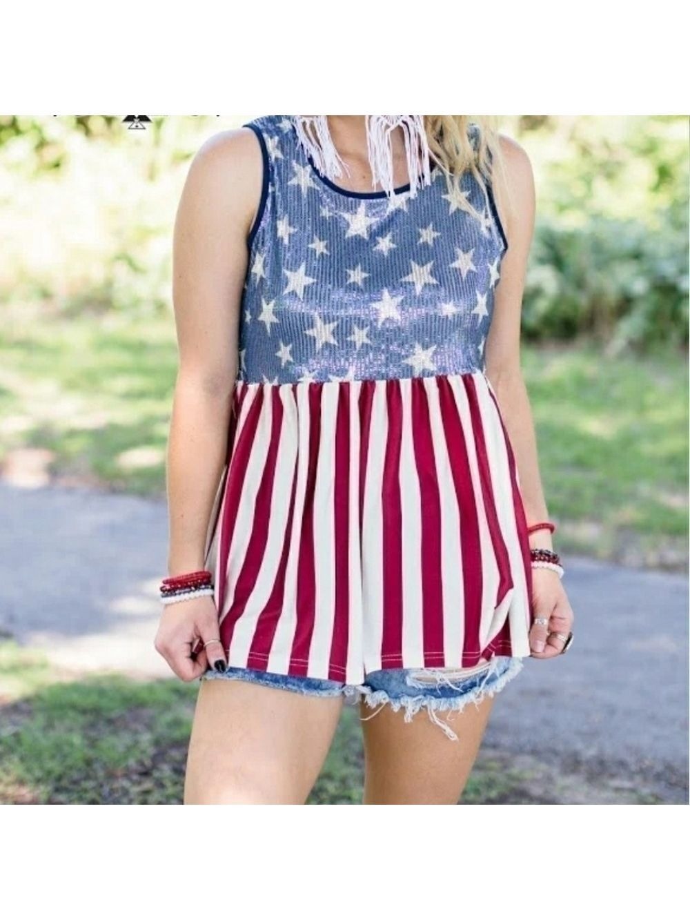 NWOT Crazy Train patriotic Sparkle Spangled bling sequin Tank top sz Small - Med - Picture 5 of 9